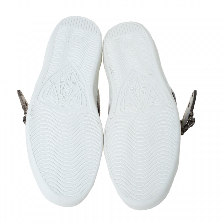 Pre Owned Gucci White Leather And Python Trim Ace Dionysus Buckle Lace Up Sneakers Size 42.5