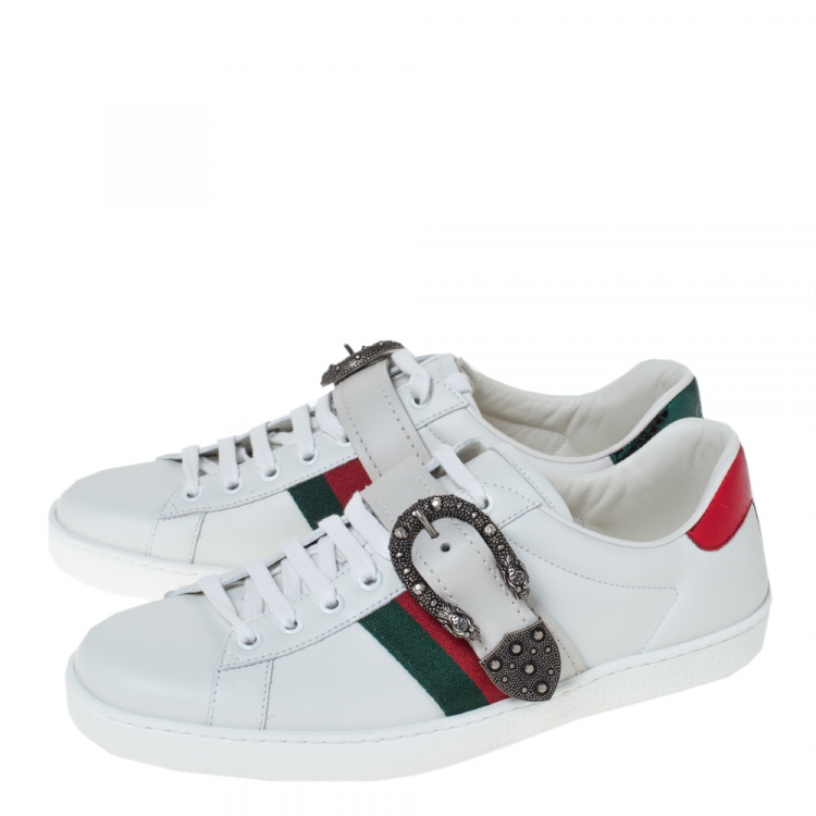 Pre Owned Gucci White Leather And Python Trim Ace Dionysus Buckle Lace Up Sneakers Size 42.5