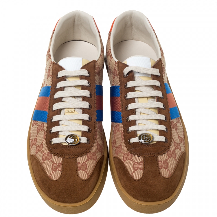Pre Owned Gucci Brown GG Canvas and Suede Web G74 Sneakers Size 46