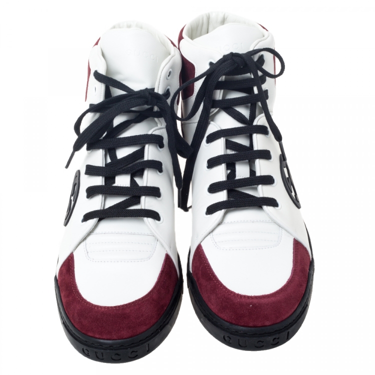 Pre Owned Gucci Burgundy/White GG Interlocking Leather Lace Up High Top Sneakers Size 42