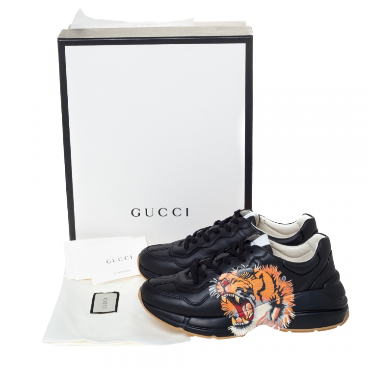 Pre Owned Gucci Black Leather Tiger Print Rhyton Platform Sneakers Size 40