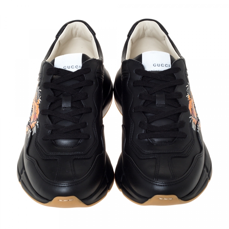 Pre Owned Gucci Black Leather Tiger Print Rhyton Platform Sneakers Size 40