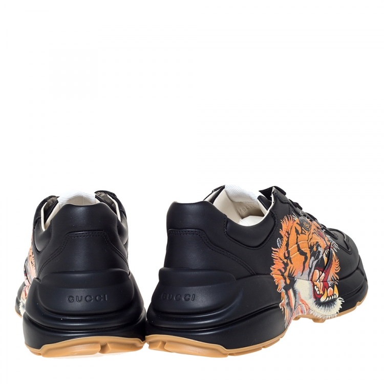 Pre Owned Gucci Black Leather Tiger Print Rhyton Platform Sneakers Size 40