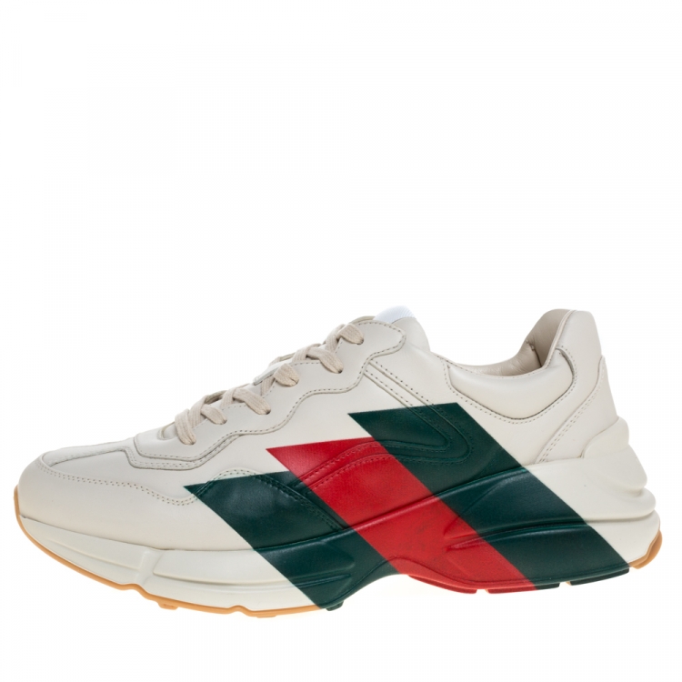 Pre Owned Gucci Cream Leather Web Rhyton Low Top Sneakers Size 43