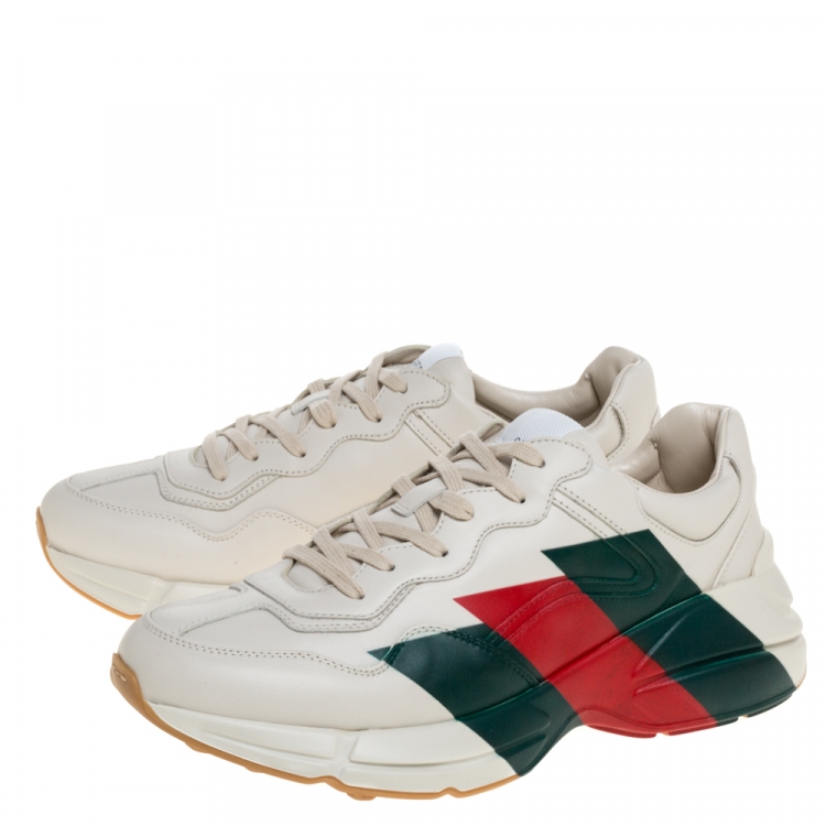 Pre Owned Gucci Cream Leather Web Rhyton Low Top Sneakers Size 43