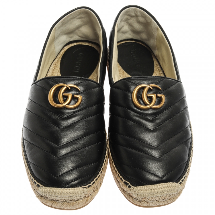 Pre Owned Gucci Black Matelasse Leather GG Marmont Espadrilles Size 41.5