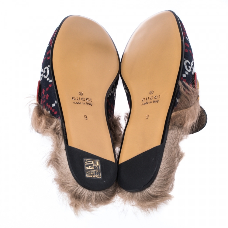 Pre Owned Gucci Blue Diamond Jacquard Fabric And Fur Lined Princetown Mules Sandals Size 42