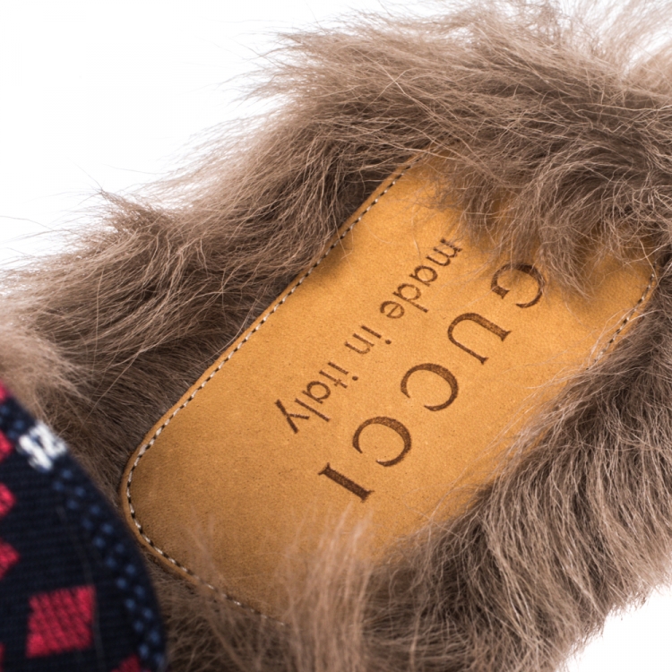 Pre Owned Gucci Blue Diamond Jacquard Fabric And Fur Lined Princetown Mules Sandals Size 42