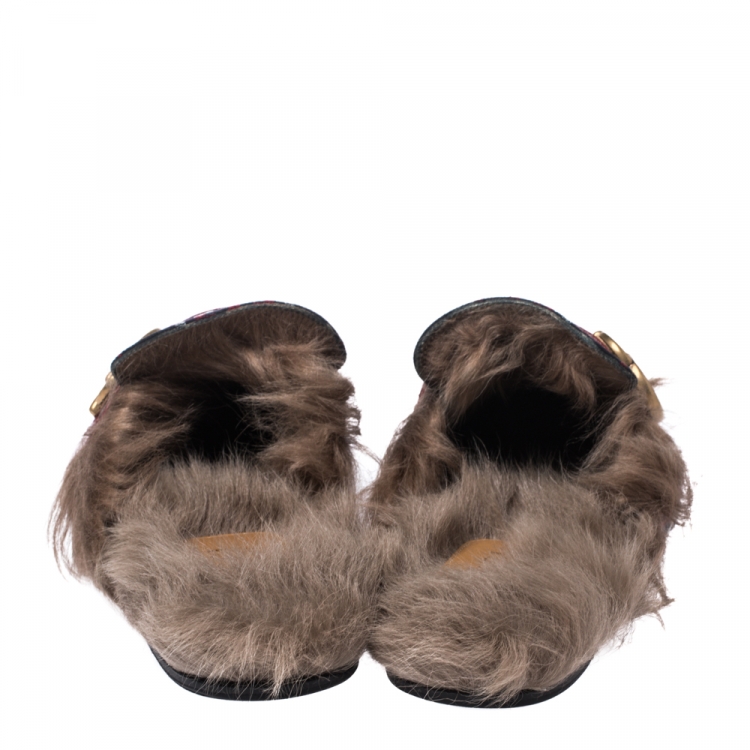 Pre Owned Gucci Blue Diamond Jacquard Fabric And Fur Lined Princetown Mules Sandals Size 42