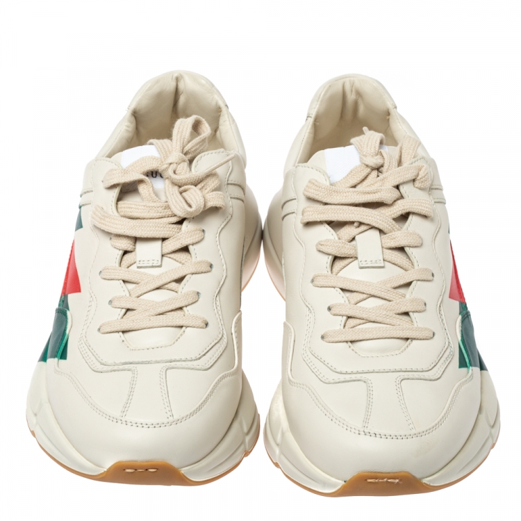 Pre Owned Gucci Cream Leather Web Rhyton Low Top Sneakers Size 42
