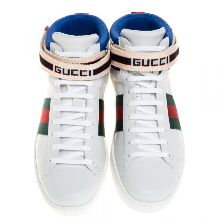 Pre Owned Gucci White Leather Stripe Ace High Top Sneakers Size 41