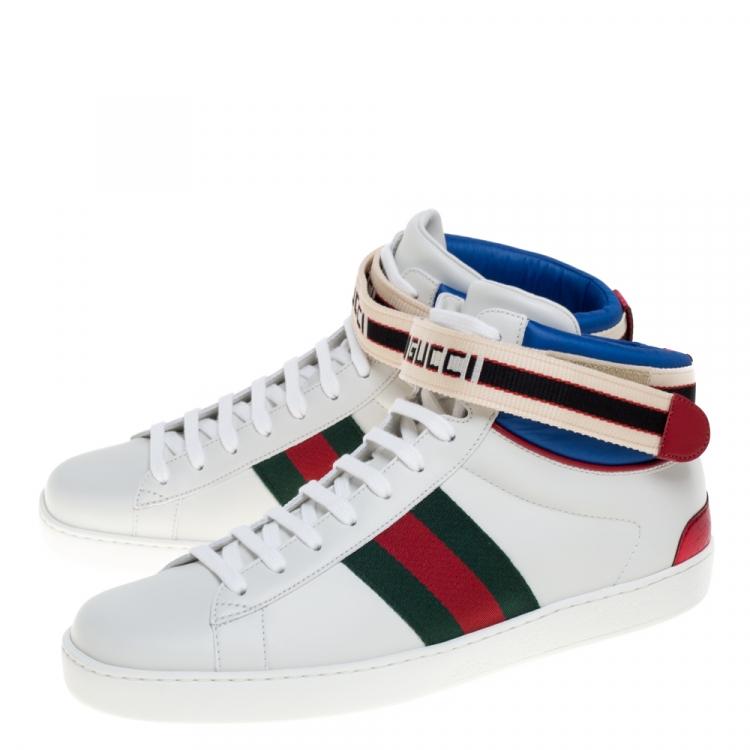 Pre Owned Gucci White Leather Stripe Ace High Top Sneakers Size 41