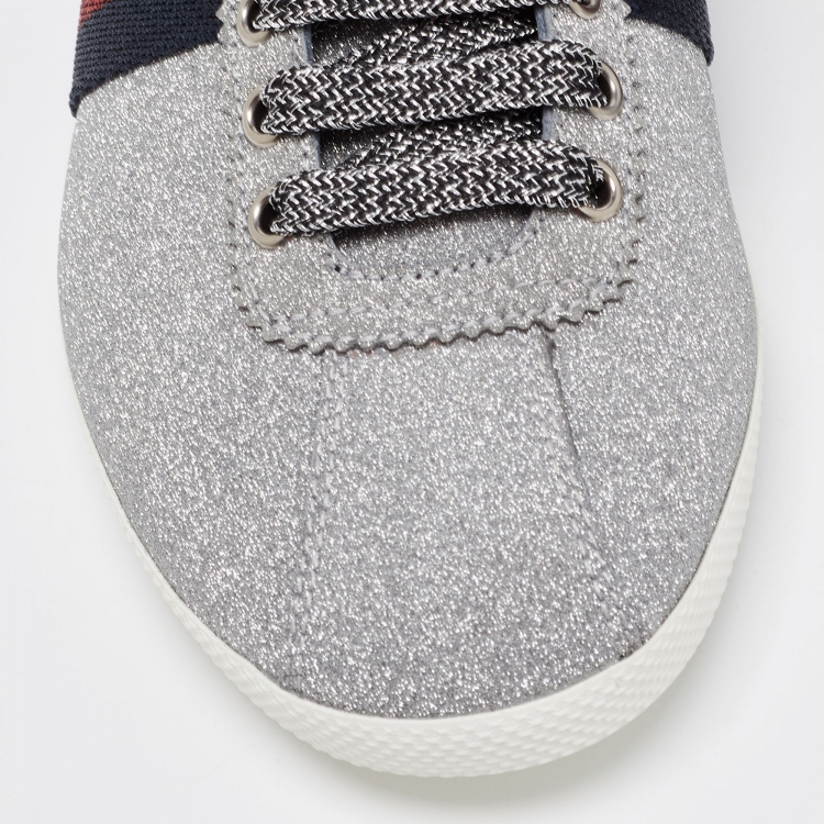 Pre Owned Gucci Metallic Silver Glitter Web Detail Studded Low Top Sneakers Size 41