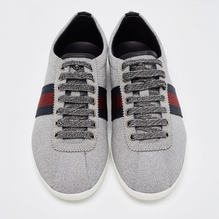 Pre Owned Gucci Metallic Silver Glitter Web Detail Studded Low Top Sneakers Size 41