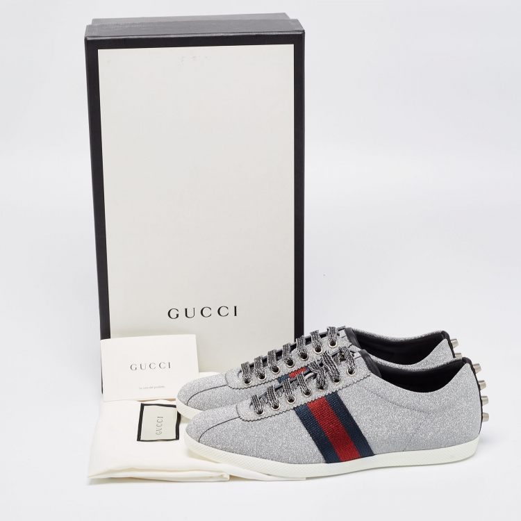 Pre Owned Gucci Metallic Silver Glitter Web Detail Studded Low Top Sneakers Size 41