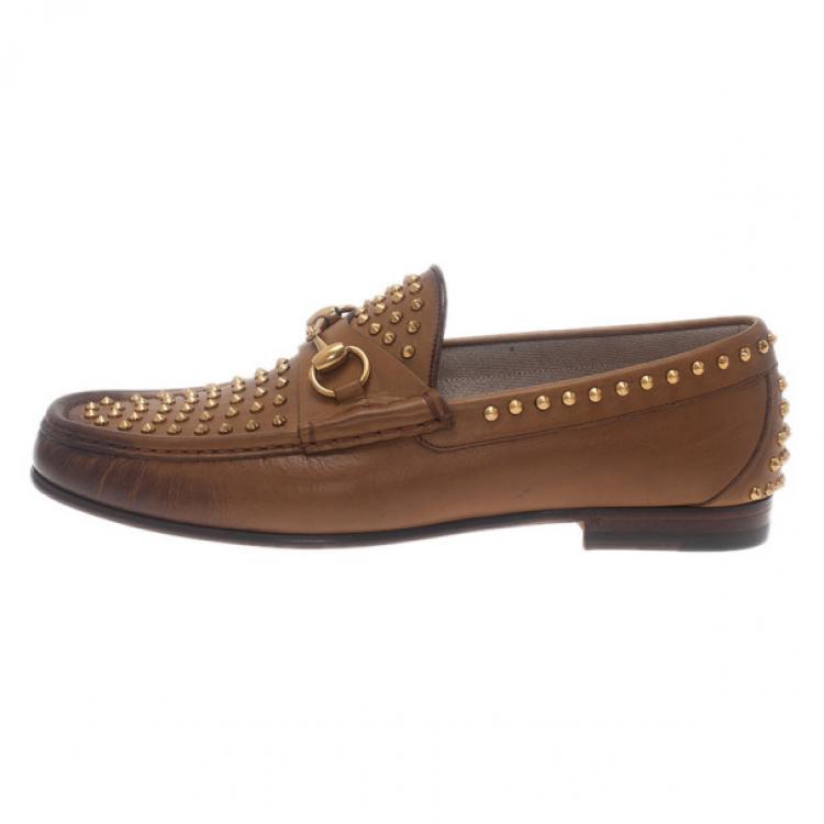 Pre Owned Gucci Brown Leather Studded 1953 Horsebit Loafers Size 41