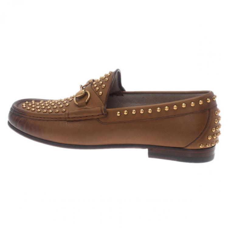 Pre Owned Gucci Brown Leather Studded 1953 Horsebit Loafers Size 41