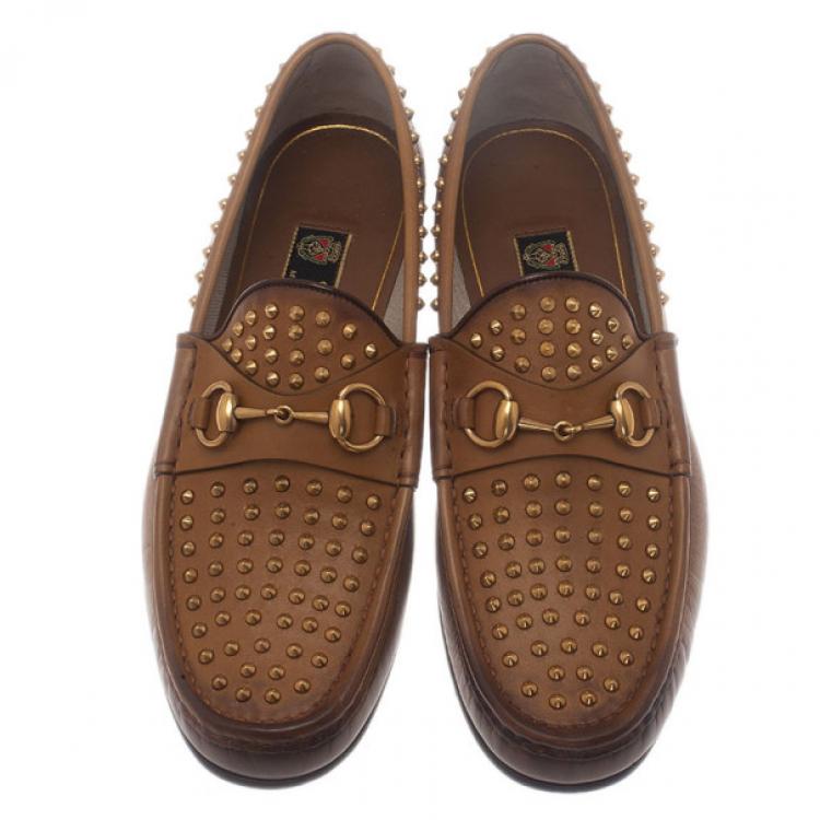 Pre Owned Gucci Brown Leather Studded 1953 Horsebit Loafers Size 41