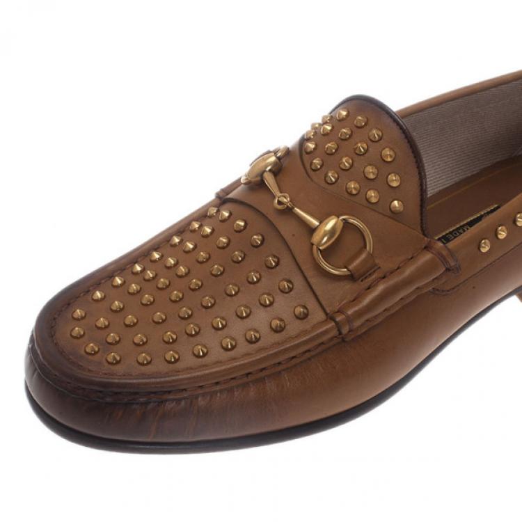 Pre Owned Gucci Brown Leather Studded 1953 Horsebit Loafers Size 41