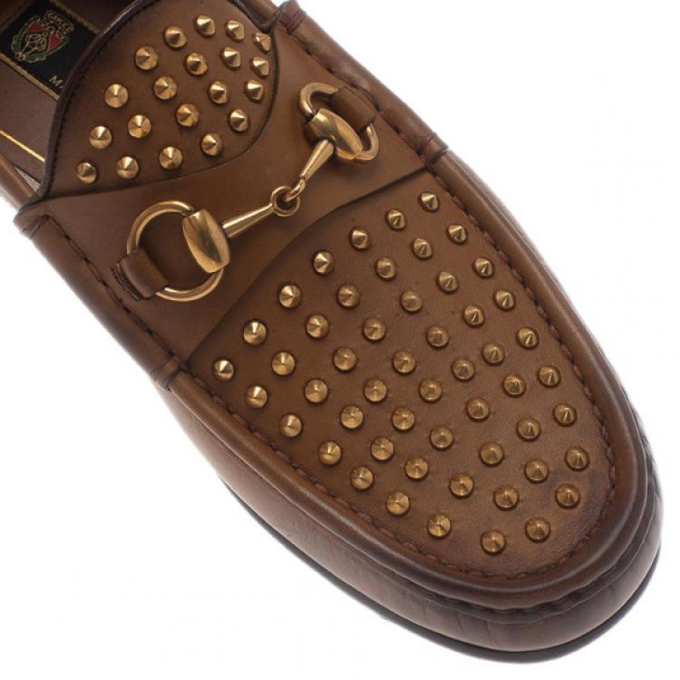 Pre Owned Gucci Brown Leather Studded 1953 Horsebit Loafers Size 41