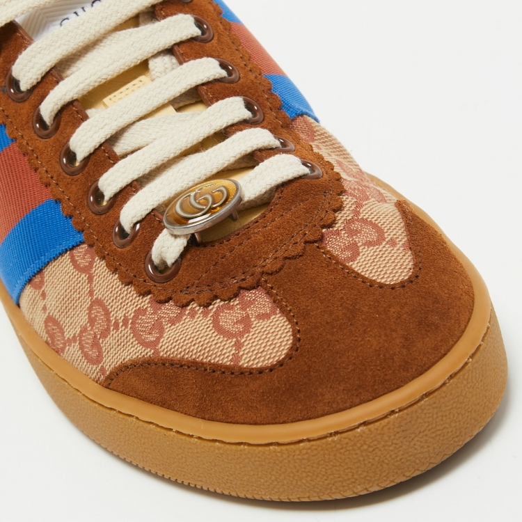 Pre Owned Gucci Brown/Beige GG Canvas and Suede Web G74 Sneakers Size 38.5