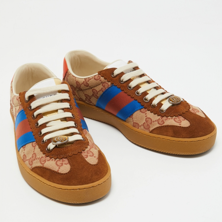Pre Owned Gucci Brown/Beige GG Canvas and Suede Web G74 Sneakers Size 38.5