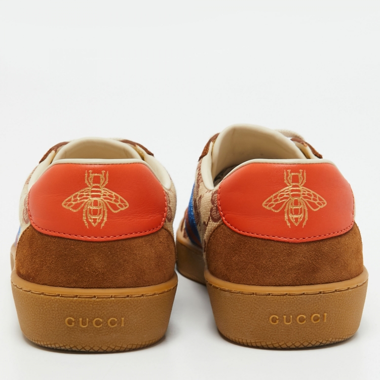 Pre Owned Gucci Brown/Beige GG Canvas and Suede Web G74 Sneakers Size 38.5
