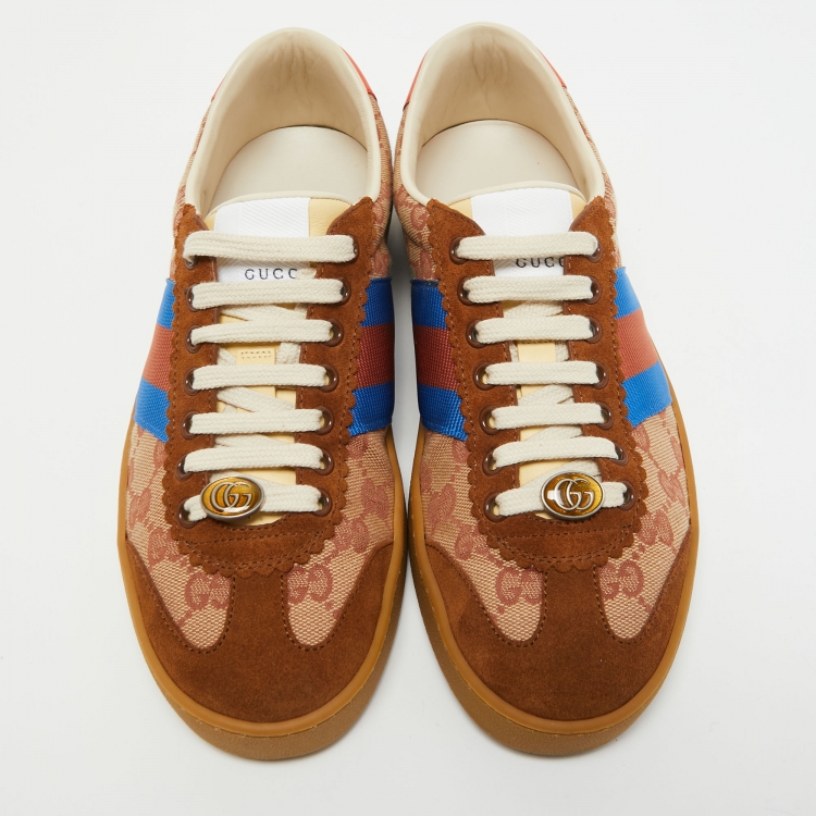 Pre Owned Gucci Brown/Beige GG Canvas and Suede Web G74 Sneakers Size 38.5