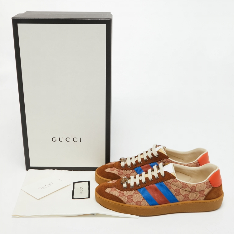 Pre Owned Gucci Brown/Beige GG Canvas and Suede Web G74 Sneakers Size 38.5