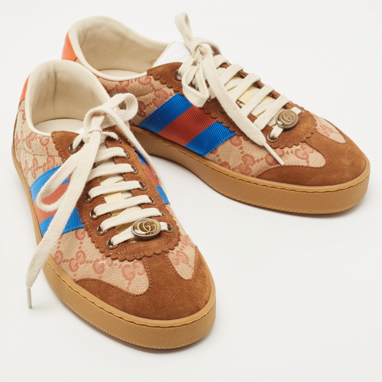 مملوكة مسبقًا Gucci Brown/Beige GG Canvas and Suede Web G74 Sneakers Size 39.5 