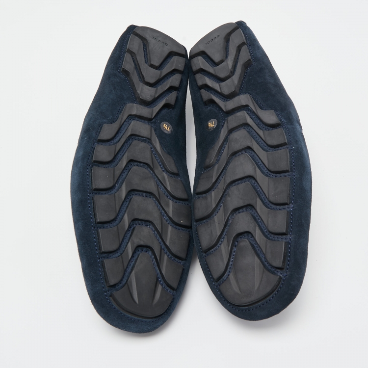 Pre Owned Gucci Dark Blue Suede Web Detail Loafers Size 41.5