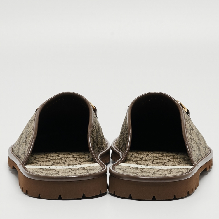 Pre Owned Gucci Brown Canvas and Leather Trim Embellishment Mules Size 45