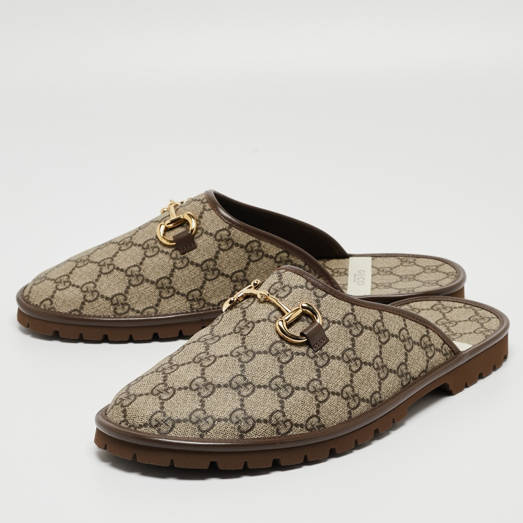 Pre Owned Gucci Brown Canvas and Leather Trim Embellishment Mules Size 45
