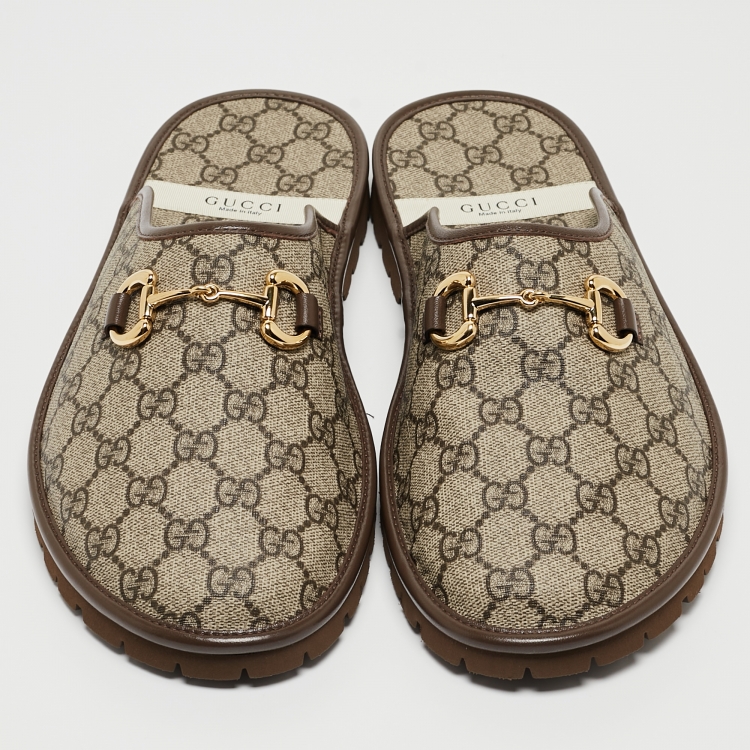 Pre Owned Gucci Brown Canvas and Leather Trim Embellishment Mules Size 45