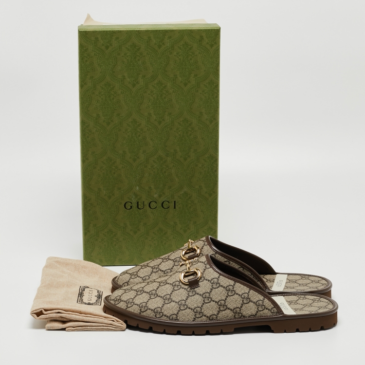 Pre Owned Gucci Brown Canvas and Leather Trim Embellishment Mules Size 45