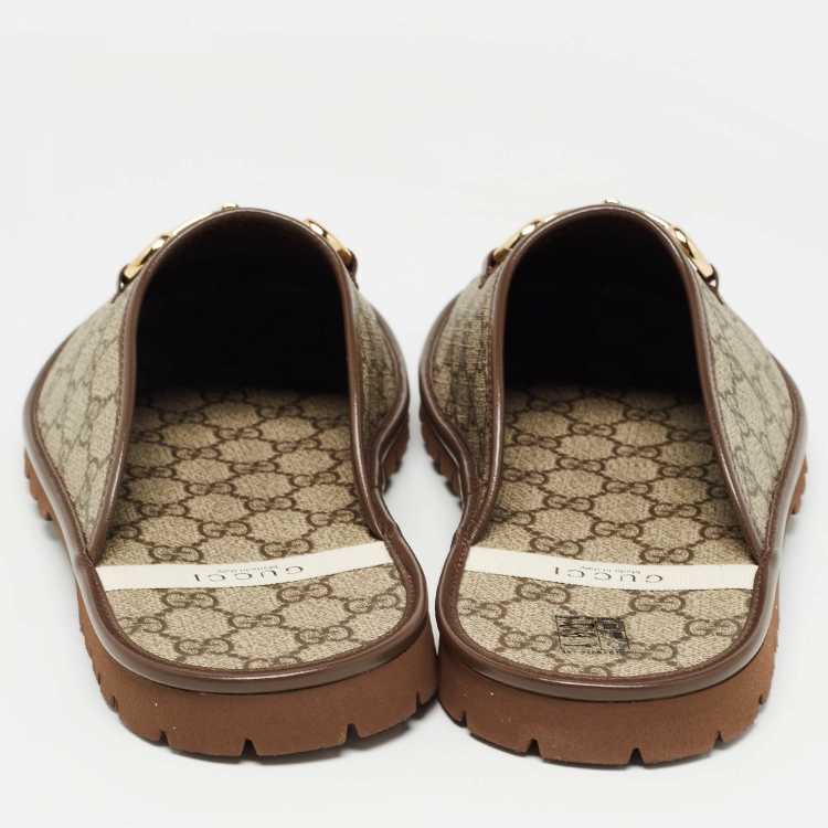Pre Owned Gucci Beige/Ebony GG Supreme Canvas Horsebit Flat Mules Size 44.5