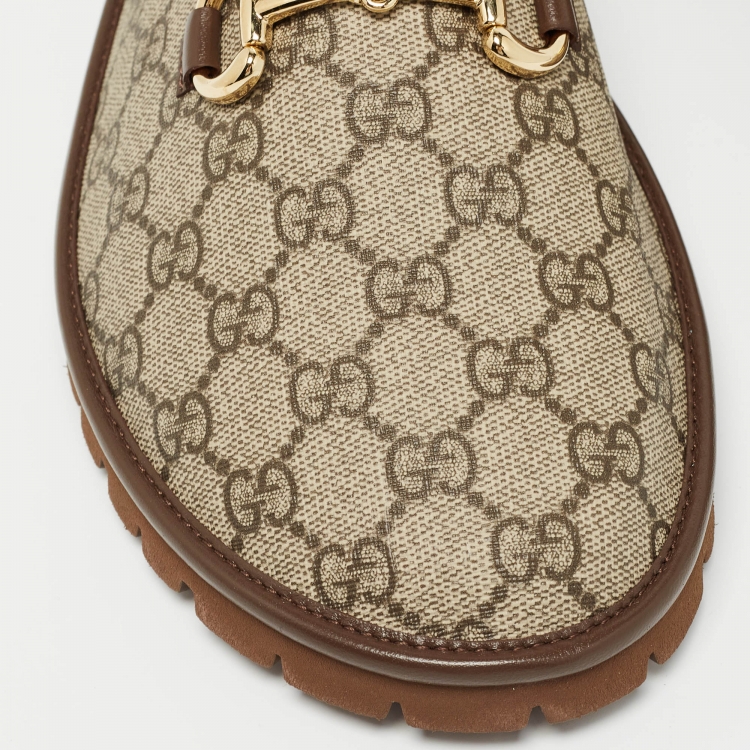 Pre Owned Gucci Beige/Ebony GG Supreme Canvas Horsebit Flat Mules Size 44.5