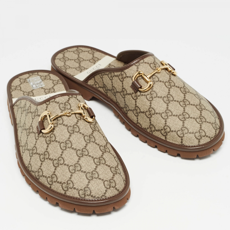 Pre Owned Gucci Beige/Ebony GG Supreme Canvas Horsebit Flat Mules Size 44.5
