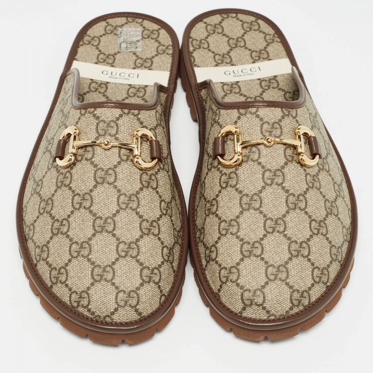 Pre Owned Gucci Beige/Ebony GG Supreme Canvas Horsebit Flat Mules Size 44.5