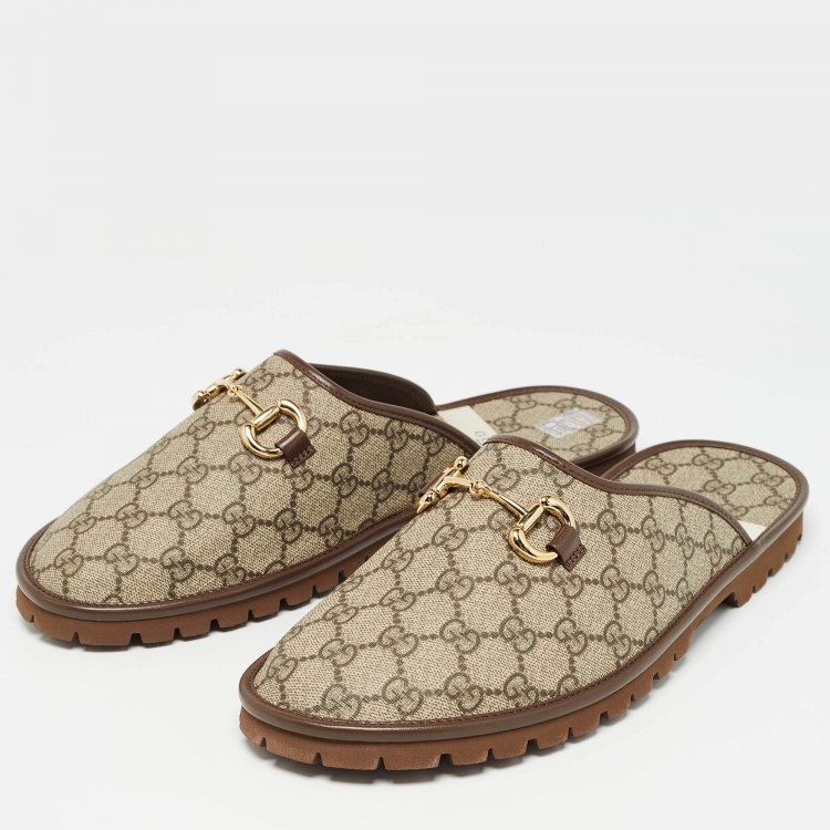 Pre Owned Gucci Beige/Ebony GG Supreme Canvas Horsebit Flat Mules Size 44.5