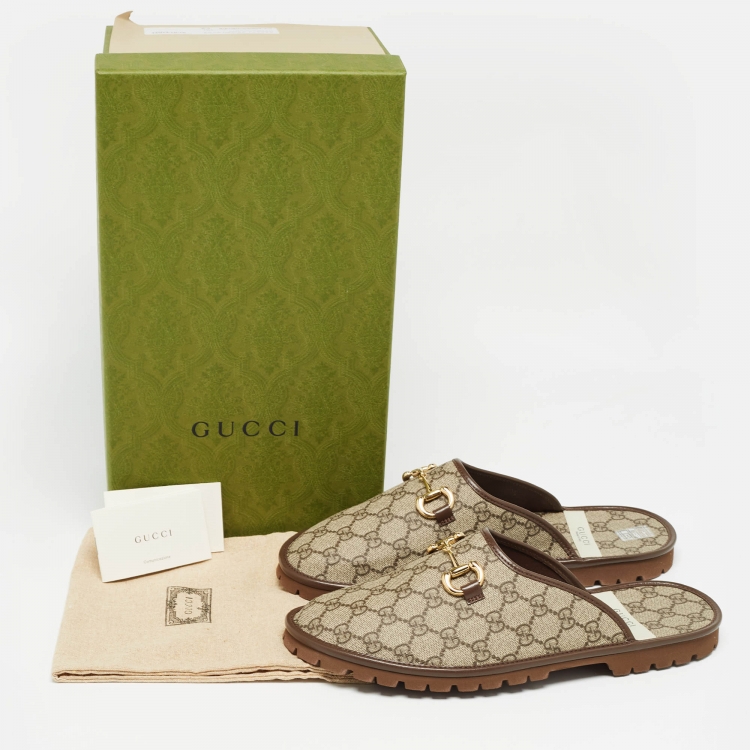 Pre Owned Gucci Beige/Ebony GG Supreme Canvas Horsebit Flat Mules Size 44.5