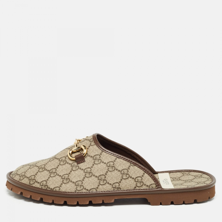 Pre Owned Gucci Beige/Ebony GG Supreme Canvas Horsebit Flat Mules Size 44.5