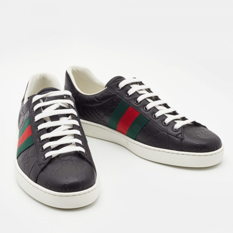 Pre Owned Gucci Black Guccissima Leather Web Detail Ace Sneakers Size 42.5