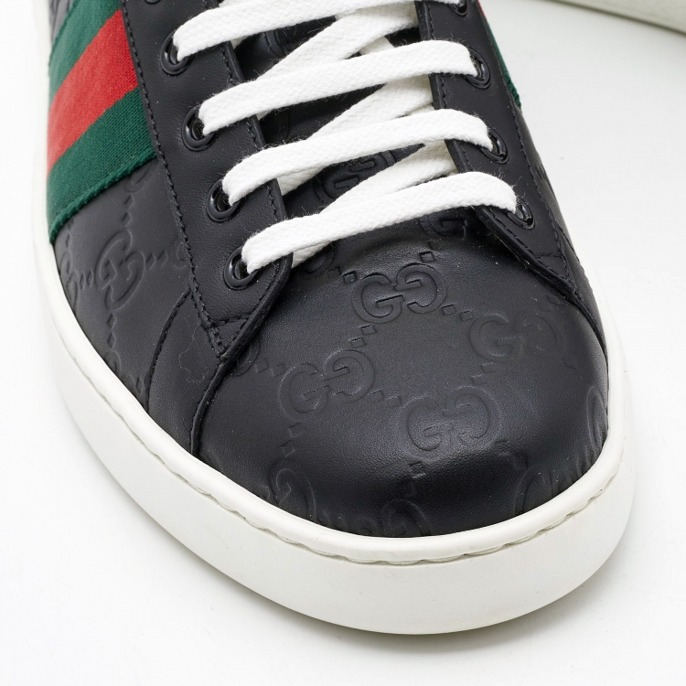Pre Owned Gucci Black Guccissima Leather Web Detail Ace Sneakers Size 42.5