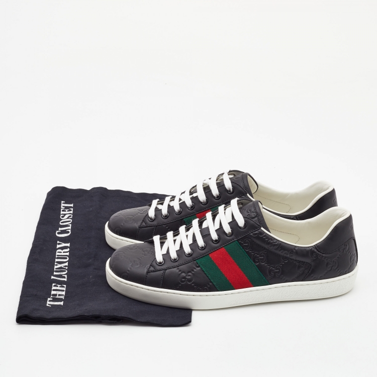 Pre Owned Gucci Black Guccissima Leather Web Detail Ace Sneakers Size 42.5