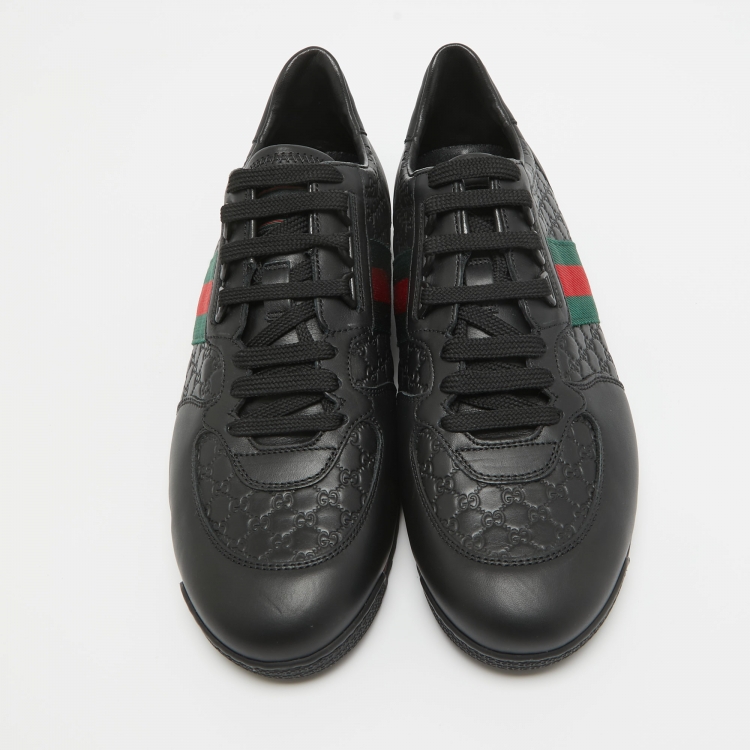 Pre Owned Gucci Black Guccissima Leather Web Detail Lace Up Sneakers Size 42.5