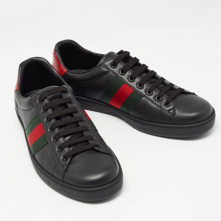 Pre Owned Gucci Black Leather Ace Web Low Top Sneakers Size 42.5