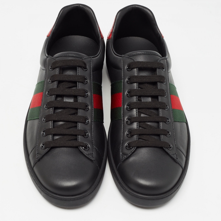 Pre Owned Gucci Black Leather Ace Web Low Top Sneakers Size 42.5