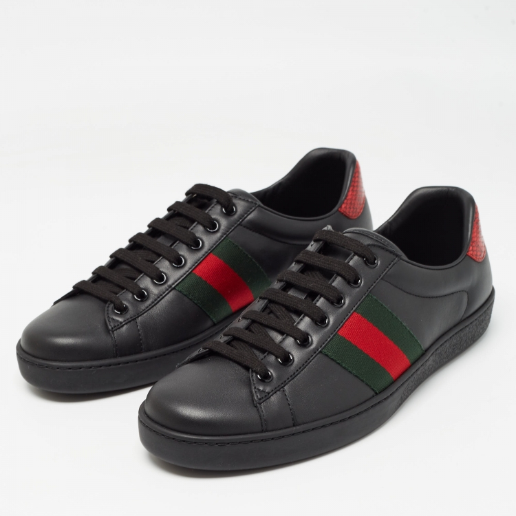 Pre Owned Gucci Black Leather Ace Web Low Top Sneakers Size 42.5