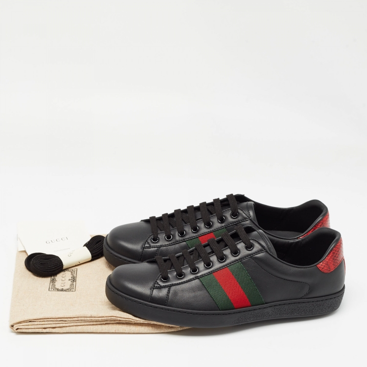 Pre Owned Gucci Black Leather Ace Web Low Top Sneakers Size 42.5